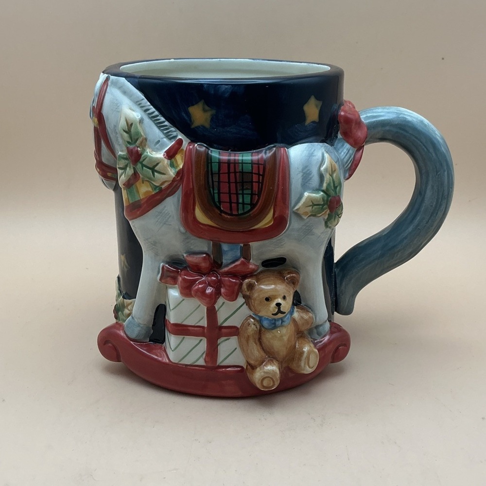 Susan Winget Christmas Mug 3D Rocking Horse Teddy Bear Certified Int'l 24oz